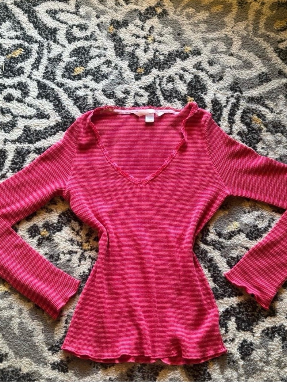 Victoria's Secret Hot Pink Ribbed V-Neck Long Sleeve Top